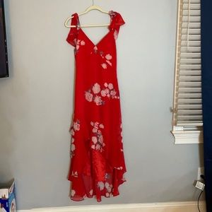 LULUS RED FLORAL PRINT OFF THE SHOULDER HIGH LOW DRESS - SIZE LARGE, NEW